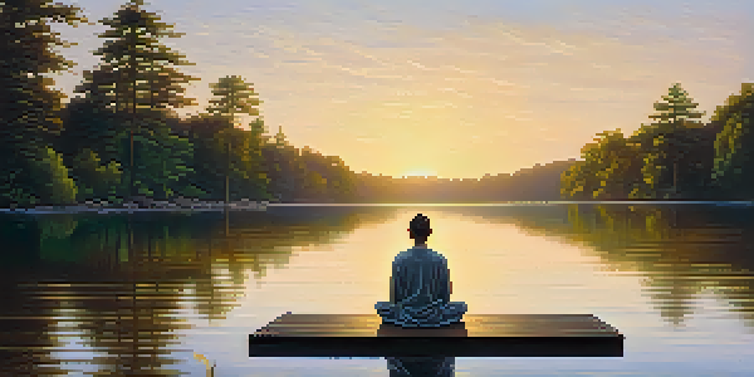 A person meditating on a dock by a lake at sunrise, surrounded by trees.