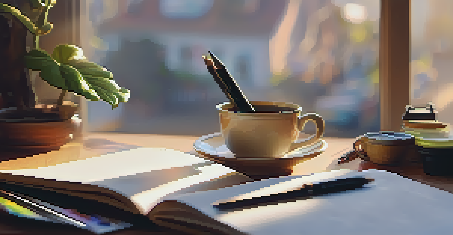 A person writing in a journal with a cup of coffee and motivational quotes on the desk, illuminated by warm afternoon light.