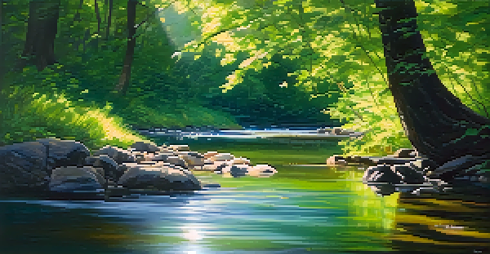 A person standing by a calm river in a green forest, practicing mindfulness amidst nature.