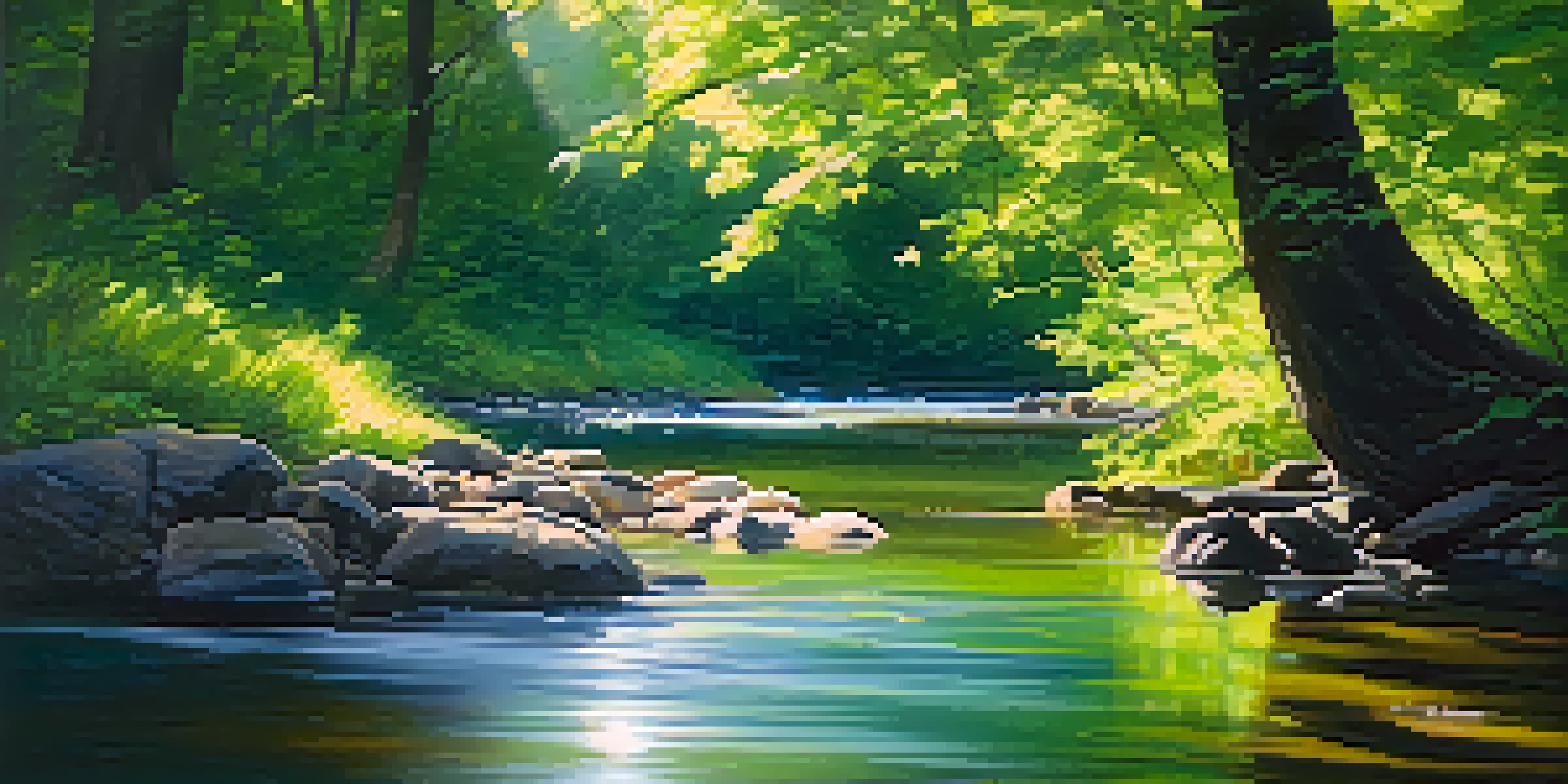 A person standing by a calm river in a green forest, practicing mindfulness amidst nature.