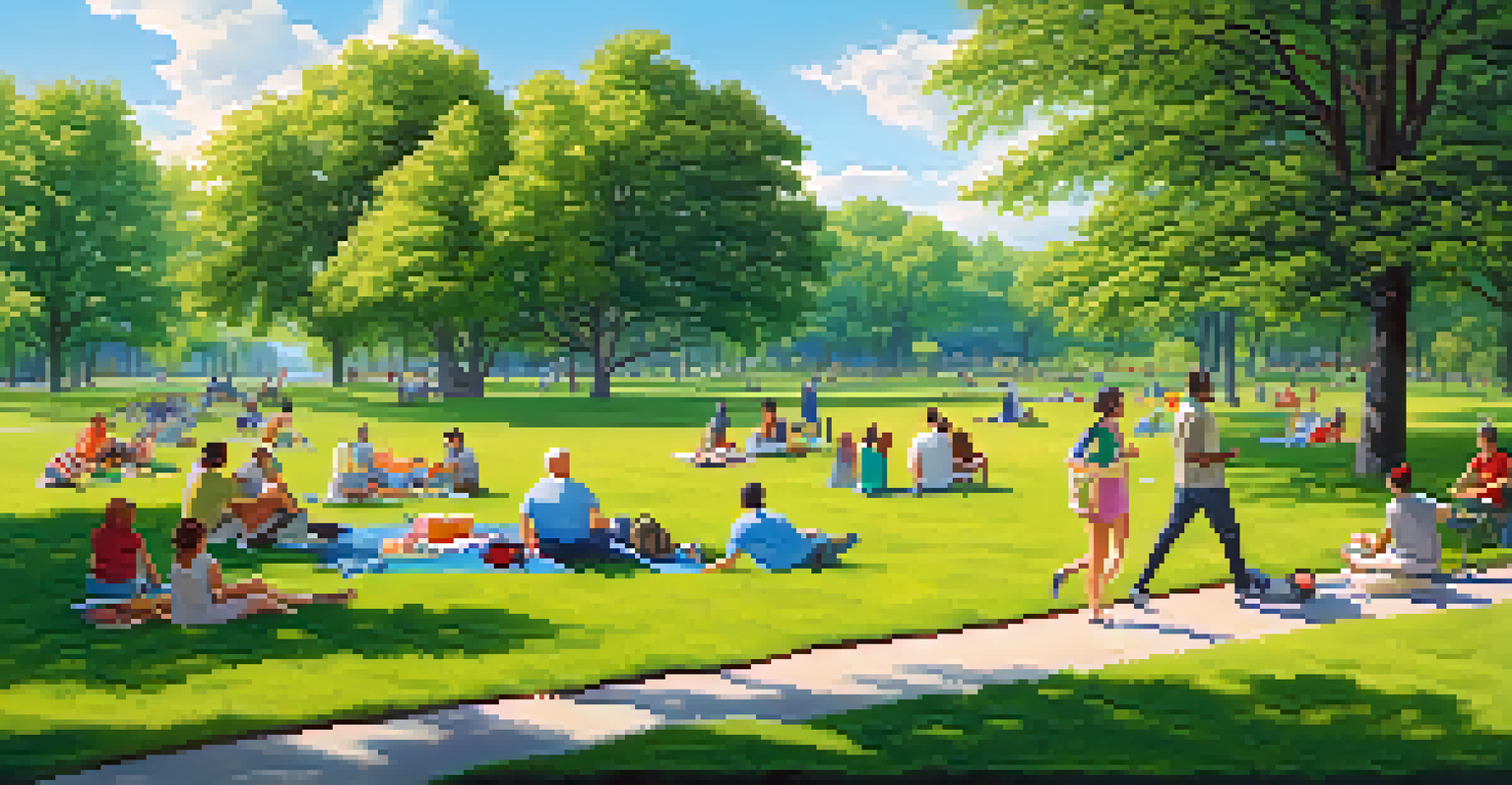 A lively outdoor park scene with people enjoying picnics, playing frisbee, and walking dogs under a sunny blue sky.