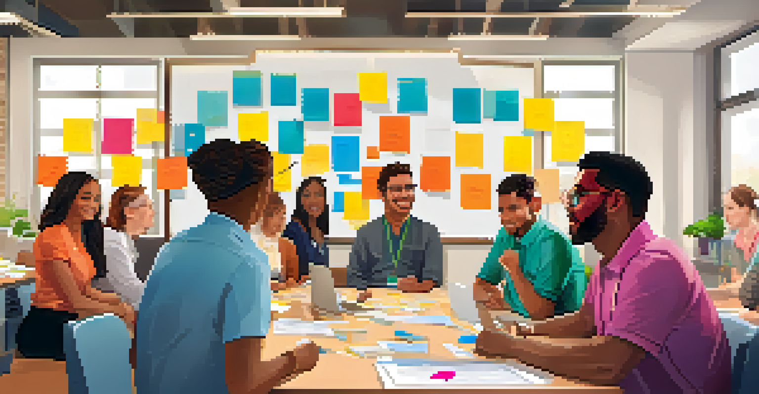 A diverse group of customer service agents participating in a training session, practicing empathy and active listening in a colorful workshop setting.