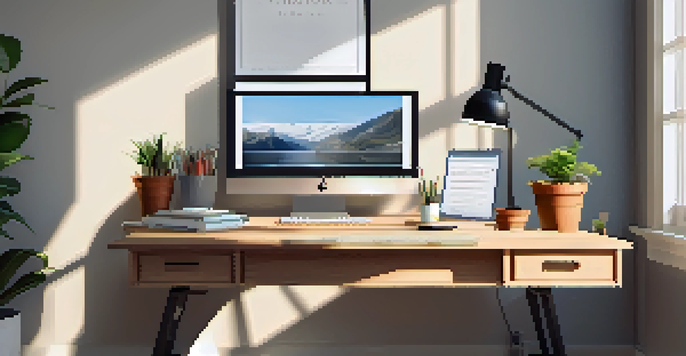 A cozy home office with a wooden desk, laptop, potted plant, and colorful notebooks, illuminated by natural light from a window.