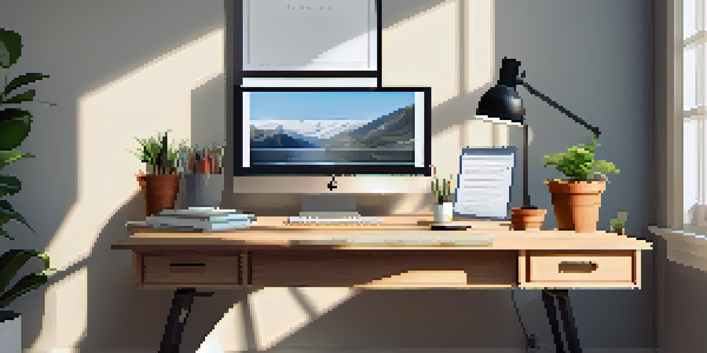 A cozy home office with a wooden desk, laptop, potted plant, and colorful notebooks, illuminated by natural light from a window.