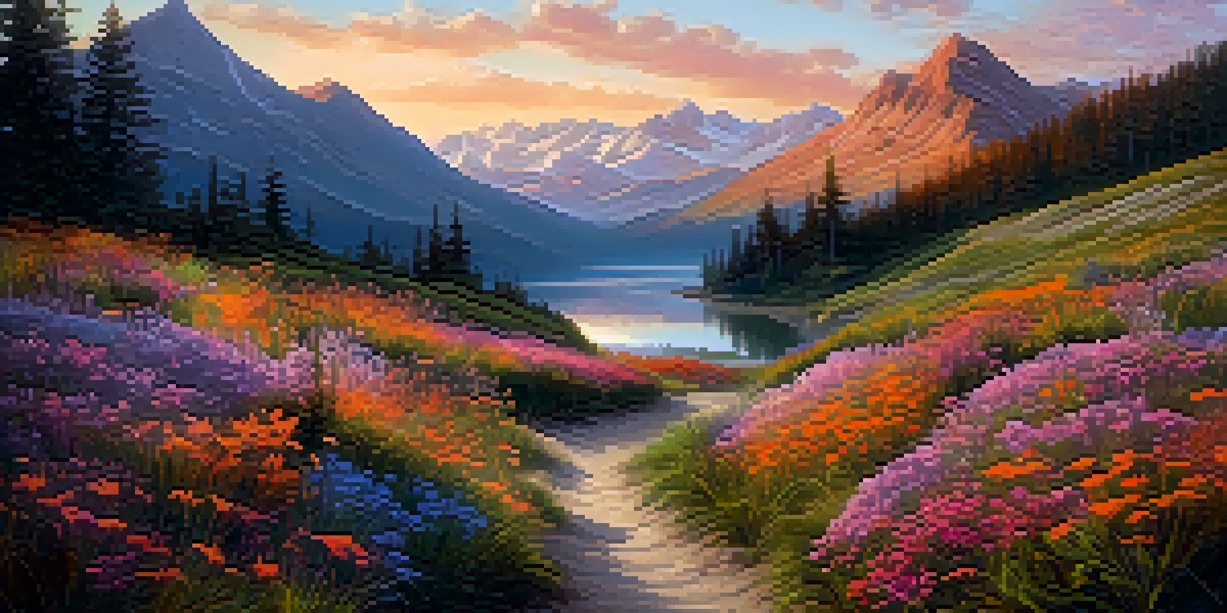 A beautiful mountain landscape at sunrise with a winding path and colorful wildflowers in the foreground.