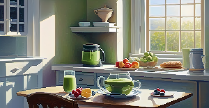 A cozy kitchen bathed in morning sunlight with a breakfast table featuring oatmeal, a smoothie, and coffee.