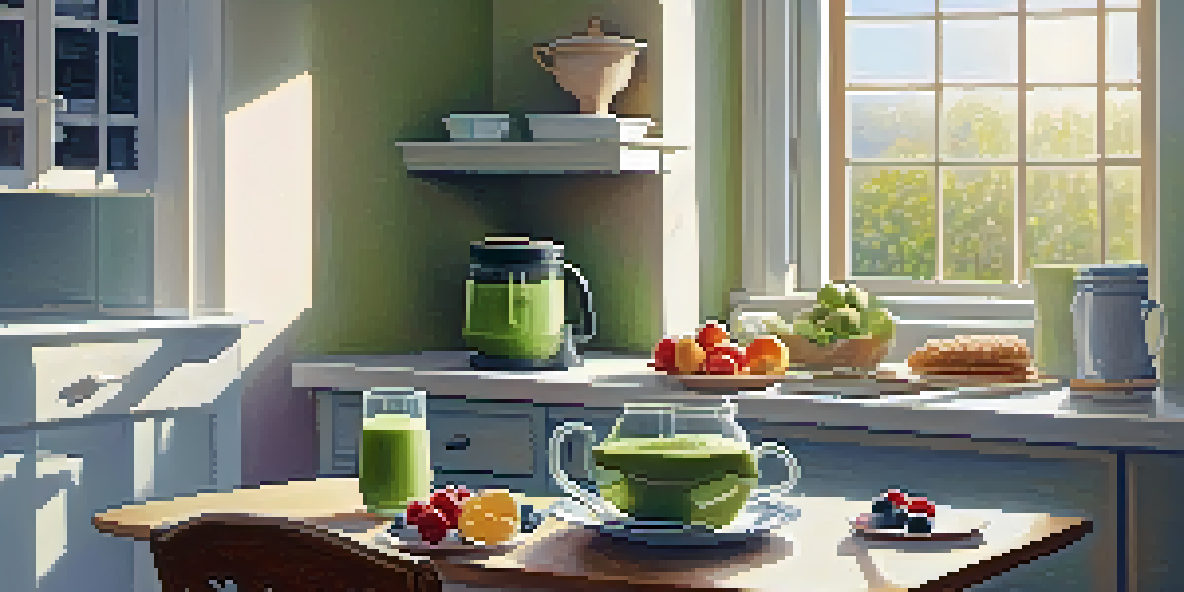 A cozy kitchen bathed in morning sunlight with a breakfast table featuring oatmeal, a smoothie, and coffee.