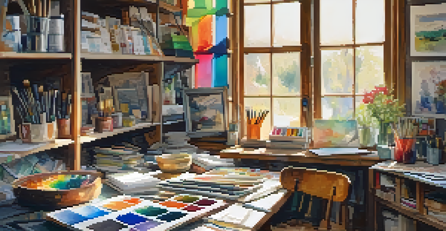 An artistic workspace with paint supplies and a colorful art journal page, illuminated by natural light from a window.