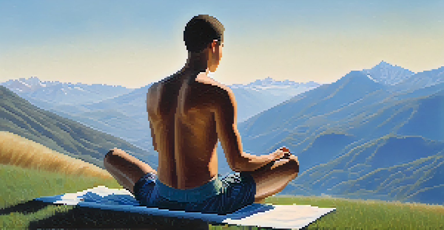 An athlete sitting cross-legged on a grassy hill, eyes closed, in a peaceful outdoor setting with mountains and a blue sky.