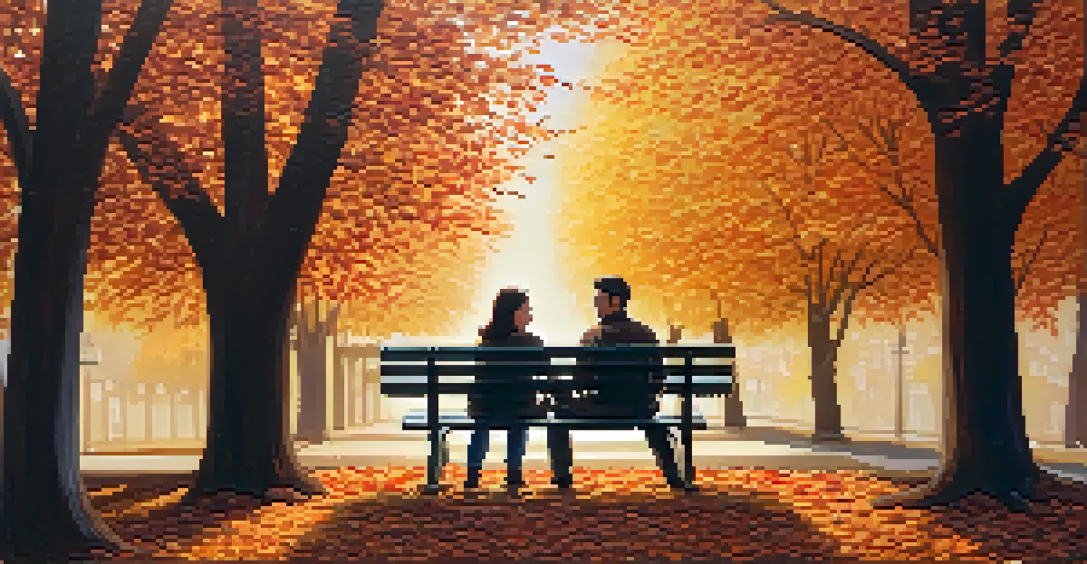 Two friends engaged in a heartfelt conversation on a park bench in autumn.