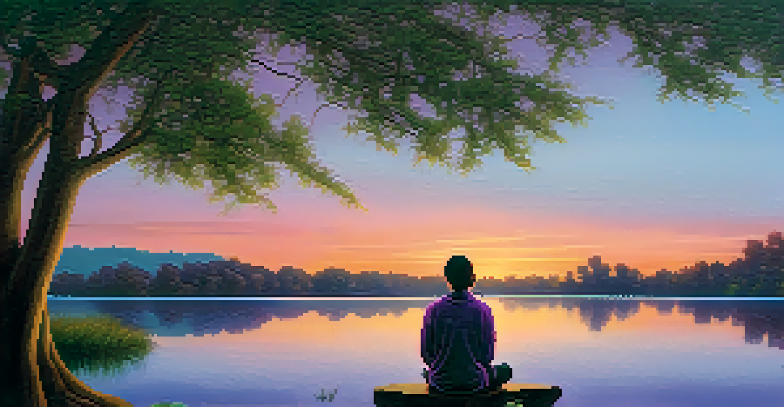 A person sitting by a calm lake at sunset, reflecting in a meditative pose surrounded by lush trees.