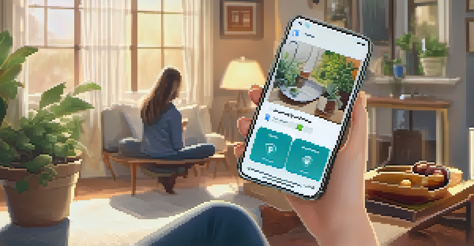 A close-up of a hand holding a smartphone with a health app, with a supportive friend in a cozy living room.
