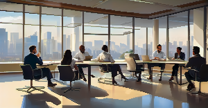 A diverse group of professionals in a bright office, collaborating in a meeting with open notebooks and laptops.