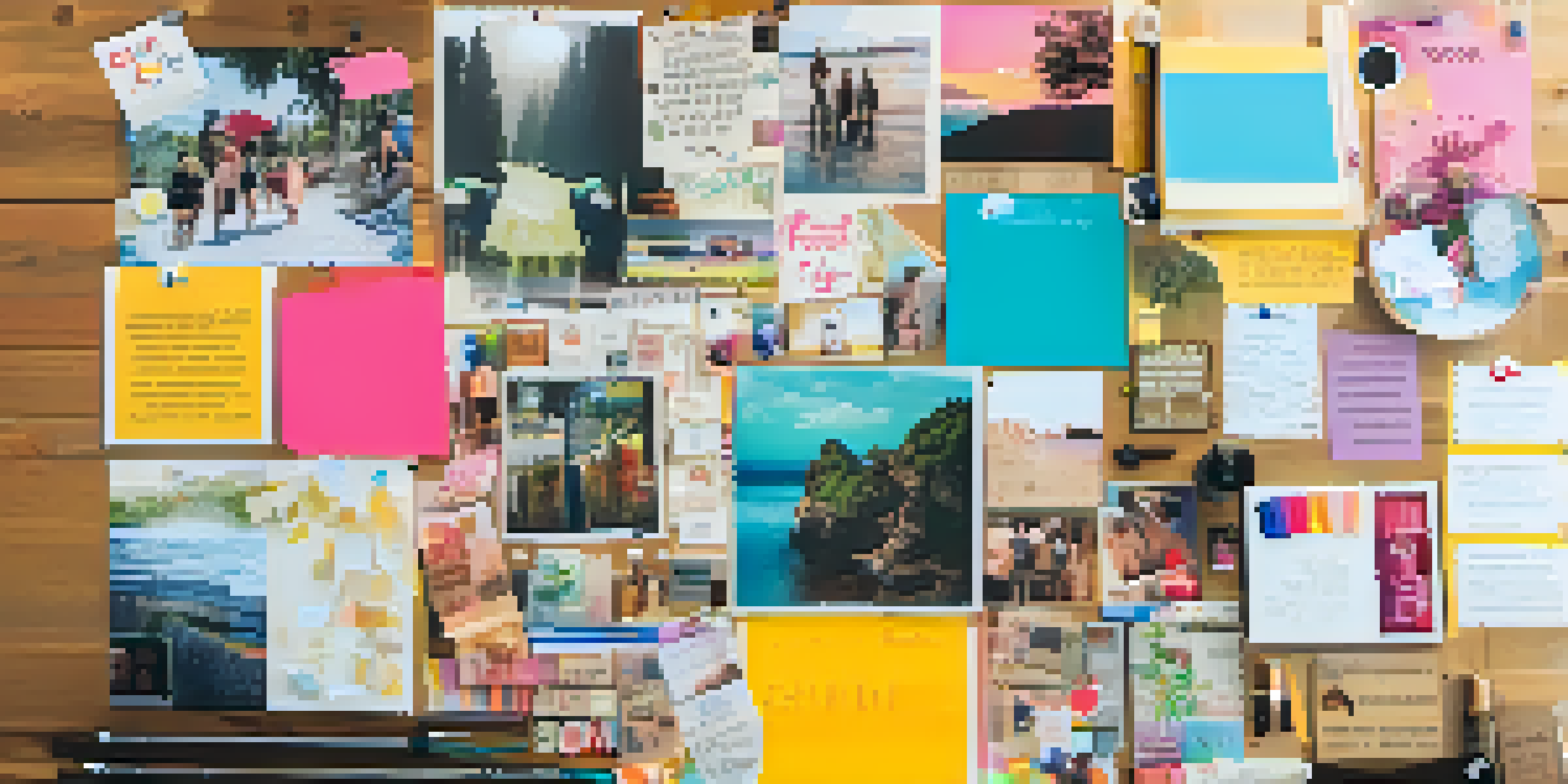 A colorful vision board made of magazine cutouts and personal photos on a wooden table, with stationery around it in warm lighting.