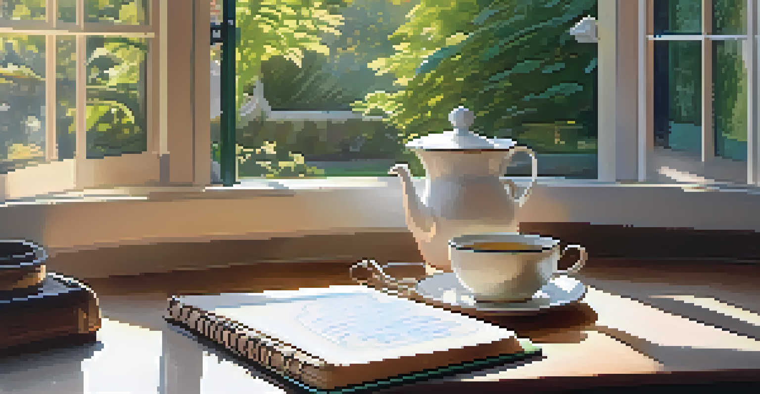 A cozy workspace with an open gratitude journal filled with handwritten notes, a cup of tea, and a view of a garden through the window.