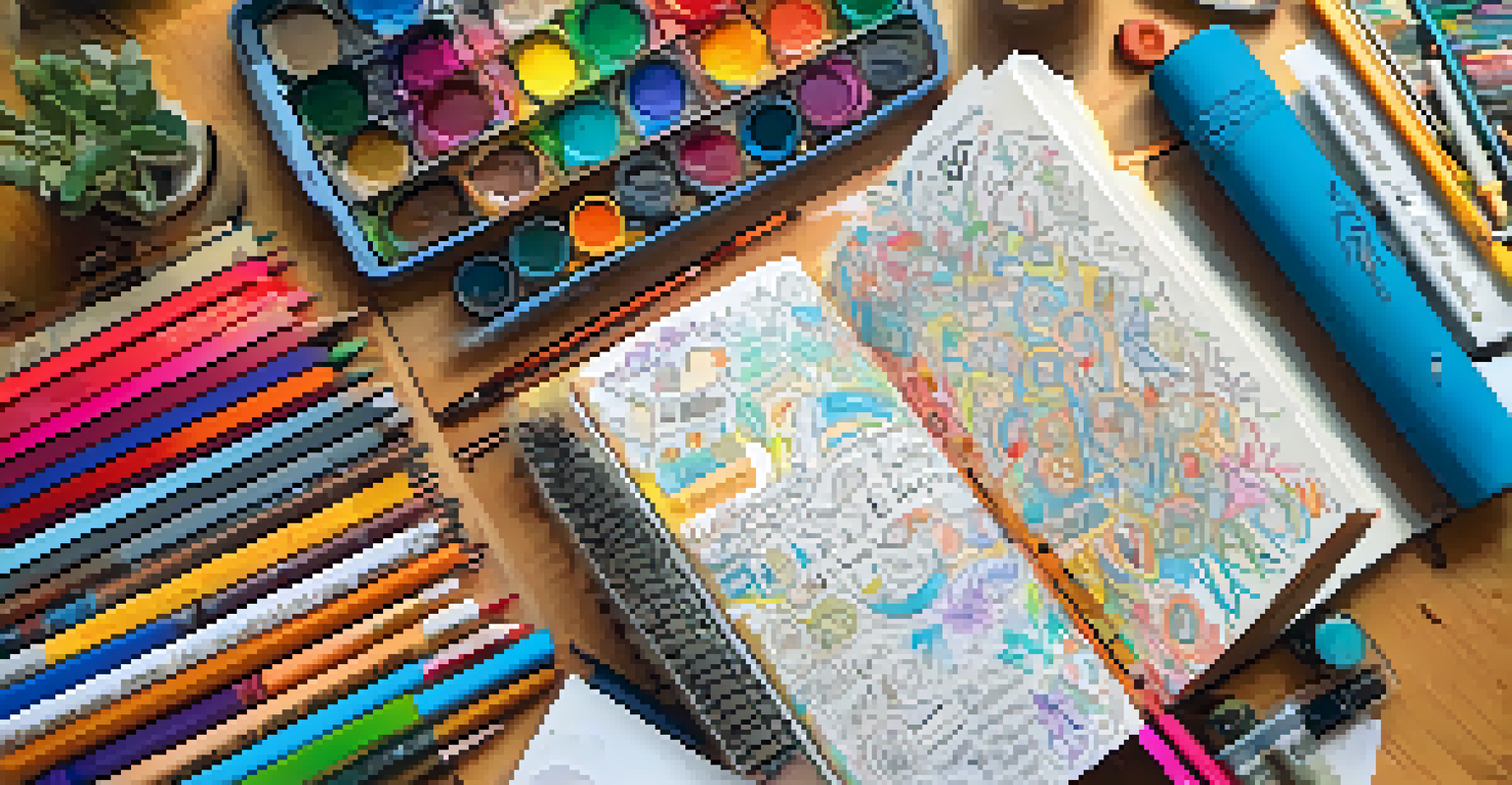 An overhead view of a colorful visual journal spread with doodles and art supplies on a wooden table.