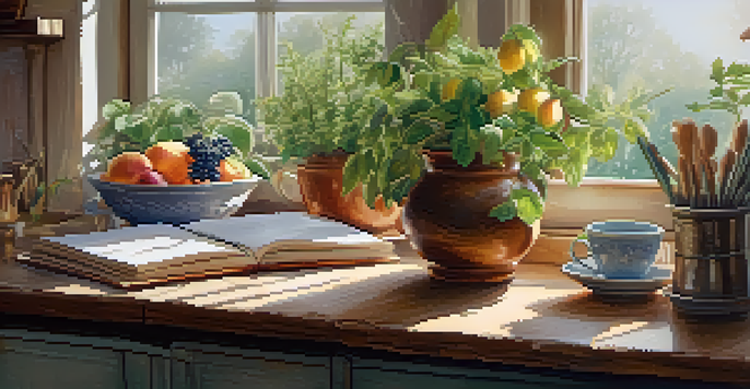 A peaceful kitchen with sunlight, a bowl of fruit, a cup of tea, and an open notebook.