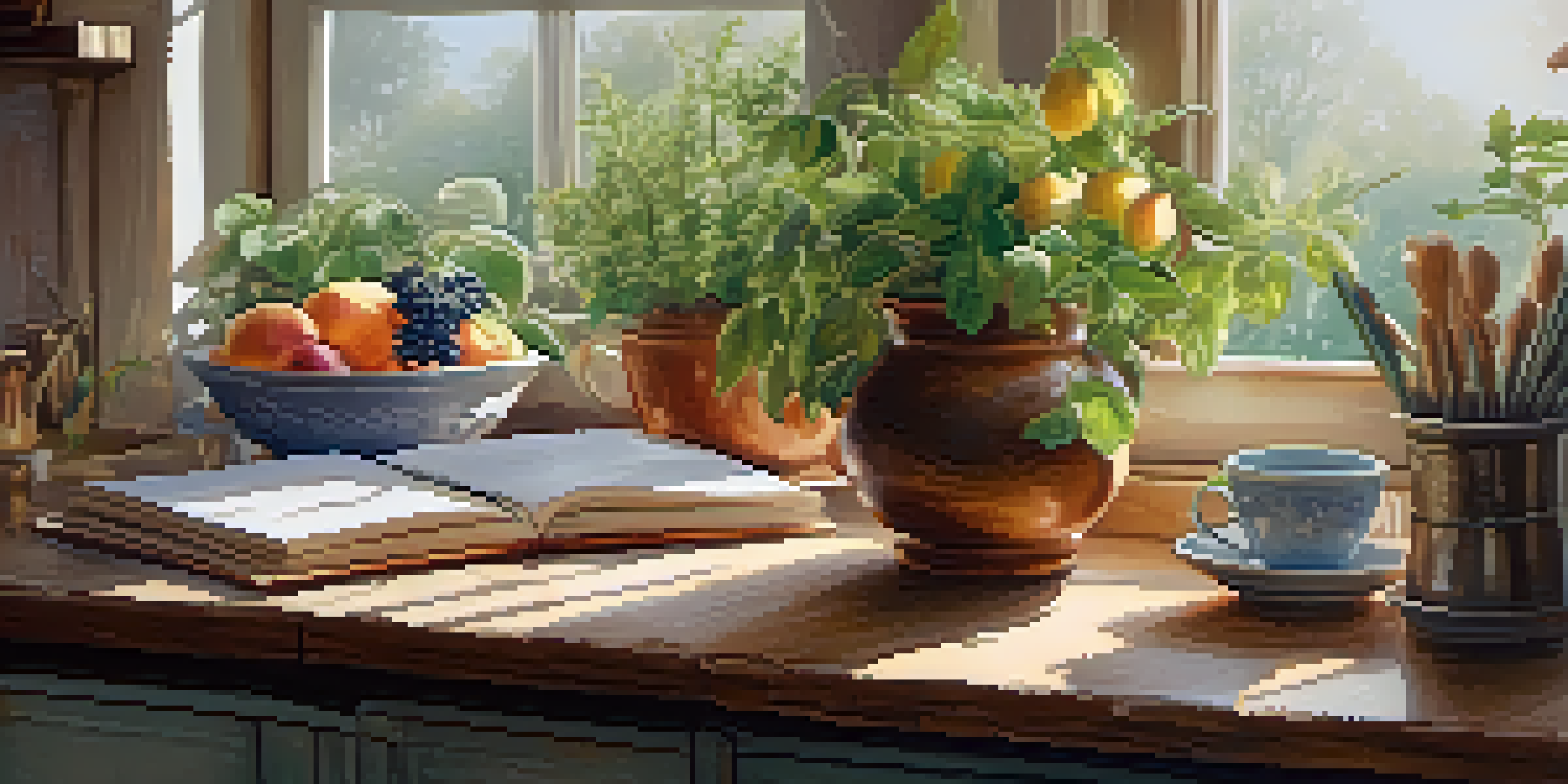 A peaceful kitchen with sunlight, a bowl of fruit, a cup of tea, and an open notebook.
