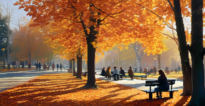 A peaceful autumn park scene with diverse individuals conversing on benches under colorful trees.