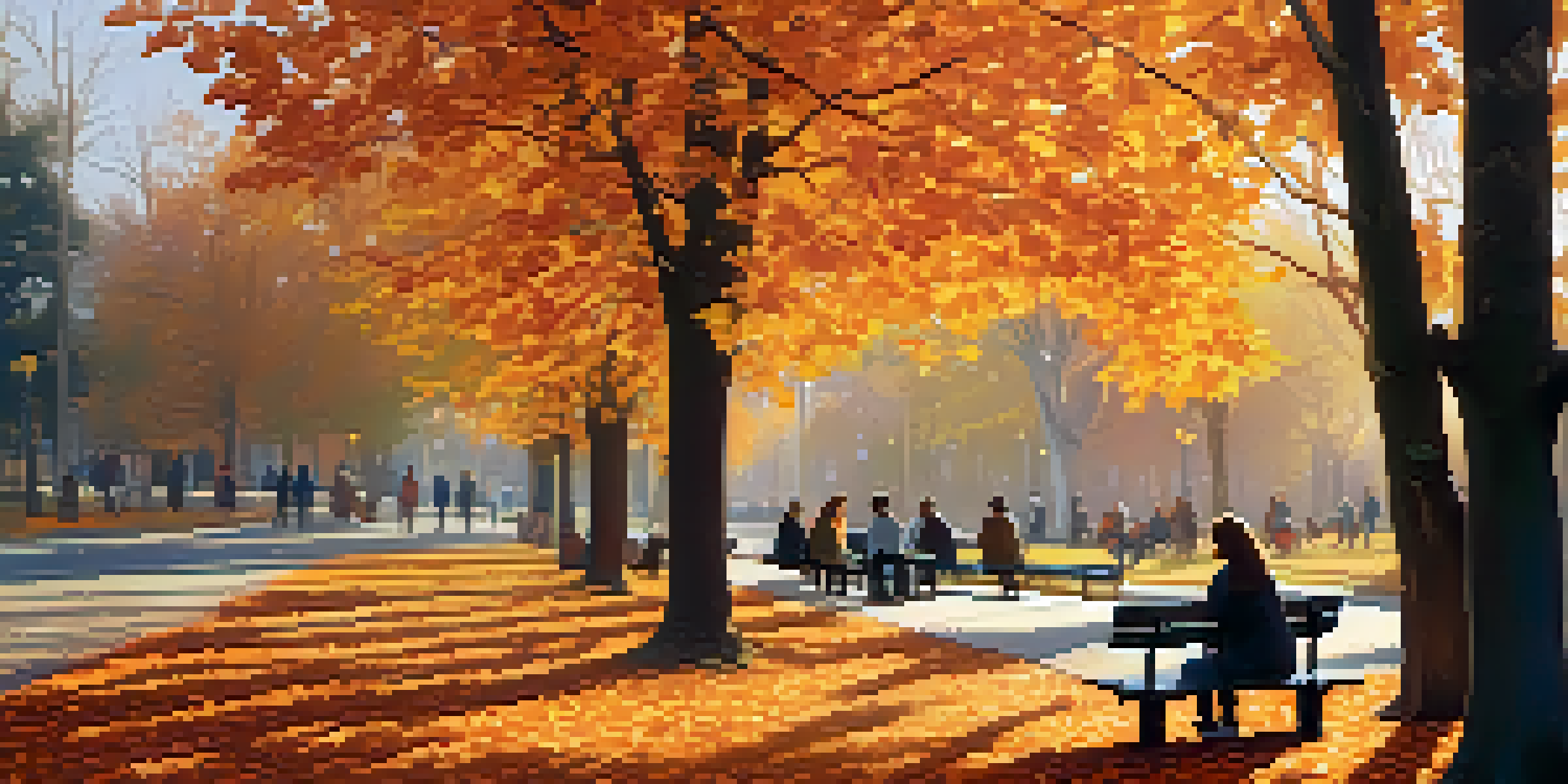 A peaceful autumn park scene with diverse individuals conversing on benches under colorful trees.