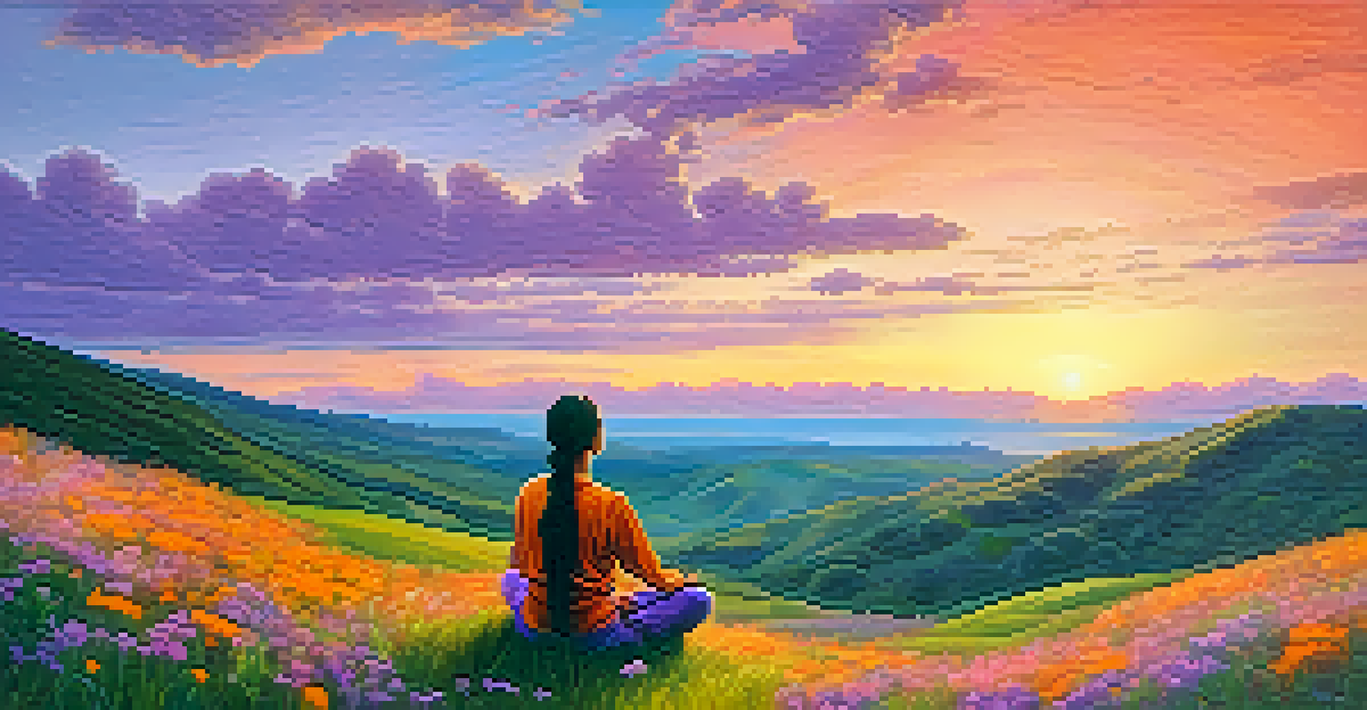 A person meditating on a hilltop during sunset surrounded by wildflowers.