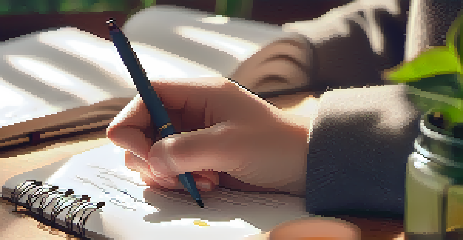 A close-up of a hand writing in a notebook, with a plant and a cup of tea blurred in the background, illuminated by sunlight.