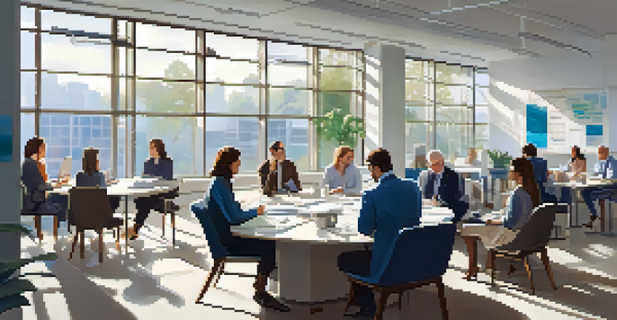 A diverse group of professionals in a bright office setting, engaged in a constructive feedback session with laptops and notebooks.