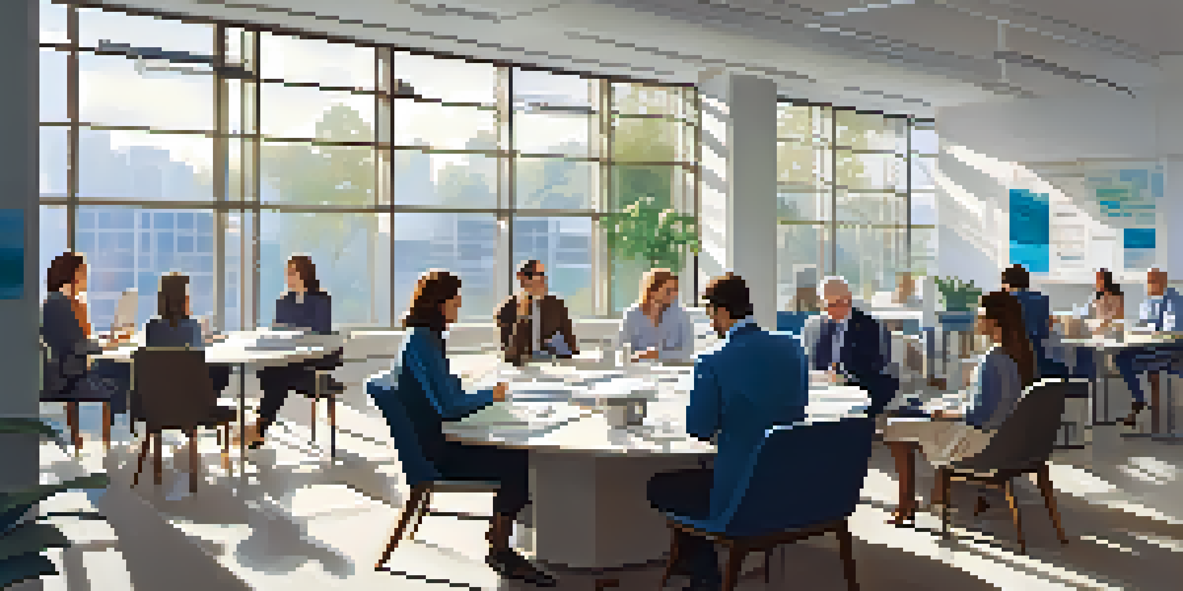 A diverse group of professionals in a bright office setting, engaged in a constructive feedback session with laptops and notebooks.