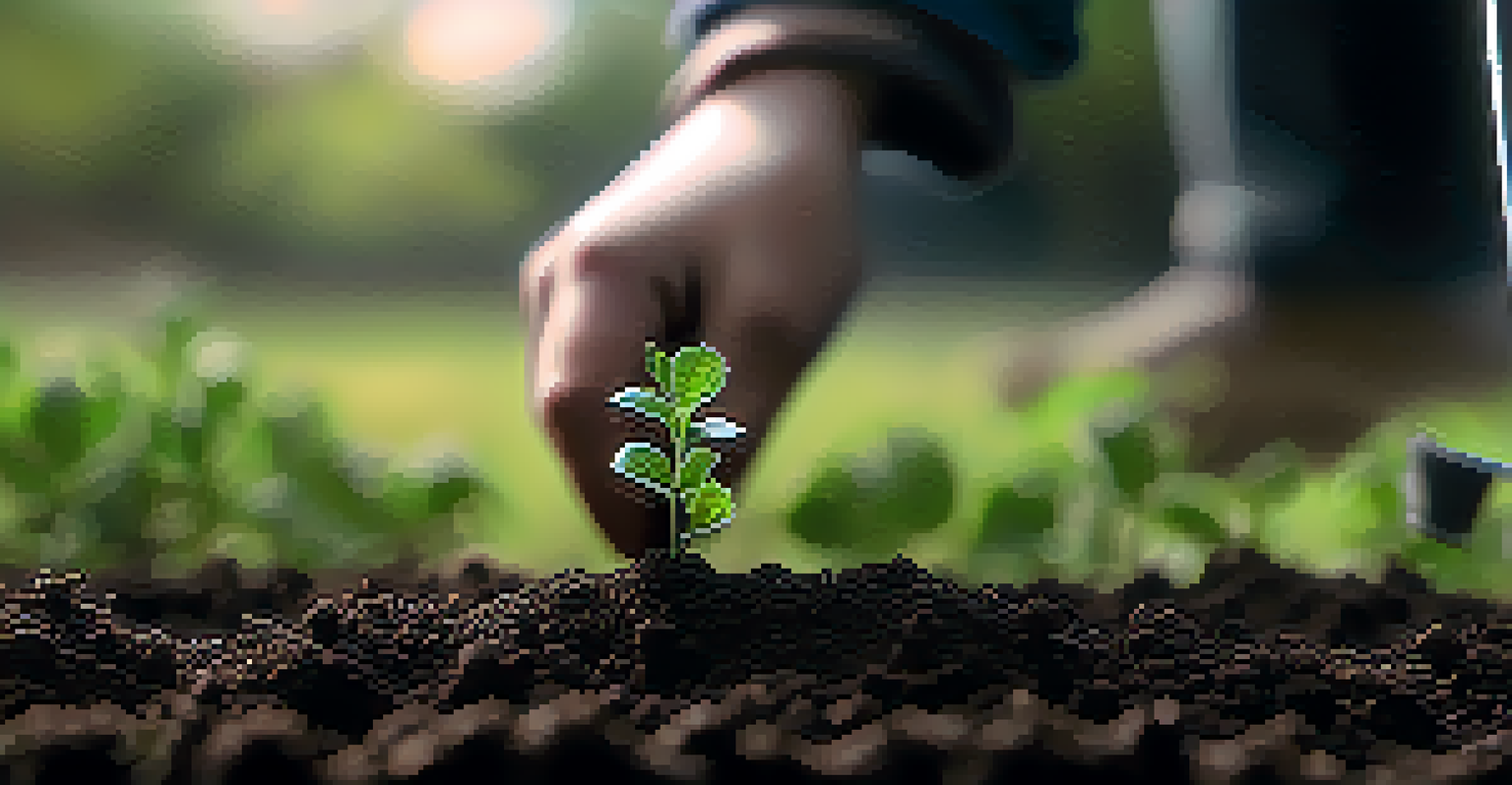 A hand plants a small seedling in dark soil, symbolizing growth and resilience, with gentle light emphasizing the scene's textures.