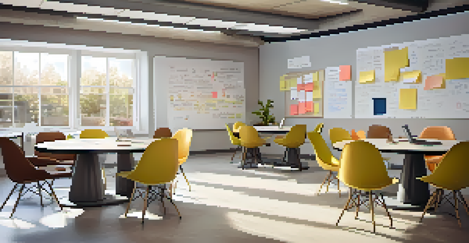 A modern collaborative workspace with a round table and whiteboards.
