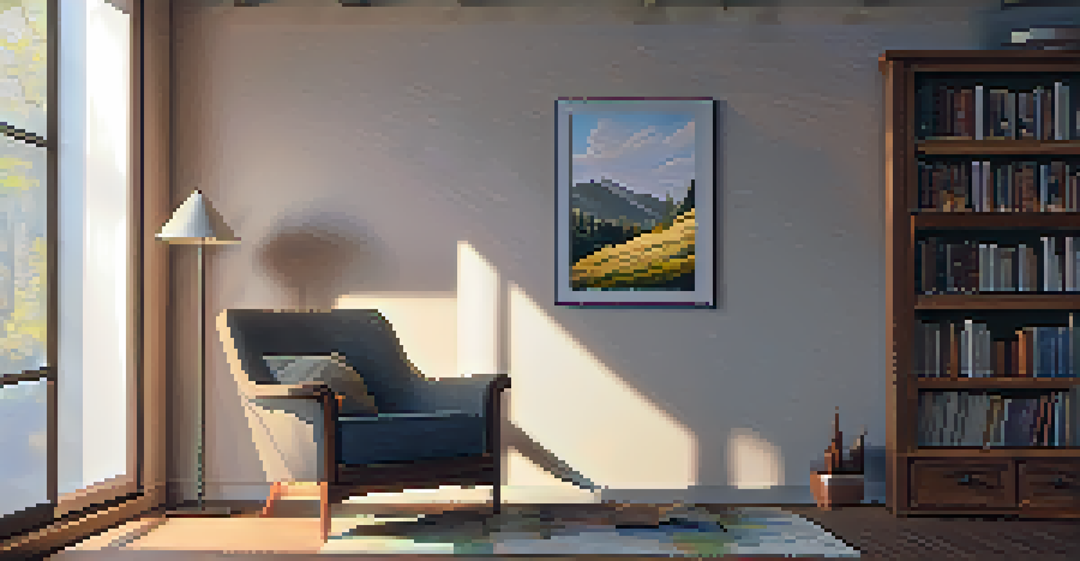 A cozy reading corner with a chair, blanket, cup of tea, and a bookshelf, softly lit for introspective moments.