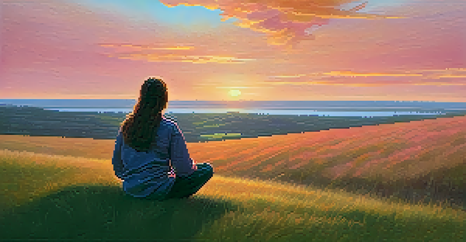 A person sitting cross-legged on a grassy hill during sunset, practicing mindfulness and reflecting peacefully.