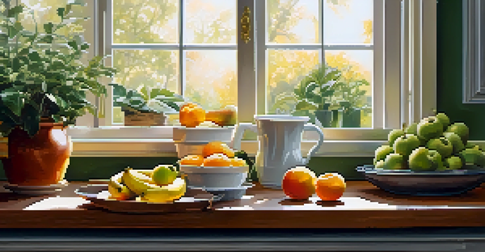A bright and cozy kitchen with fresh fruits on the countertop and a cup of coffee, illuminated by morning sunlight.