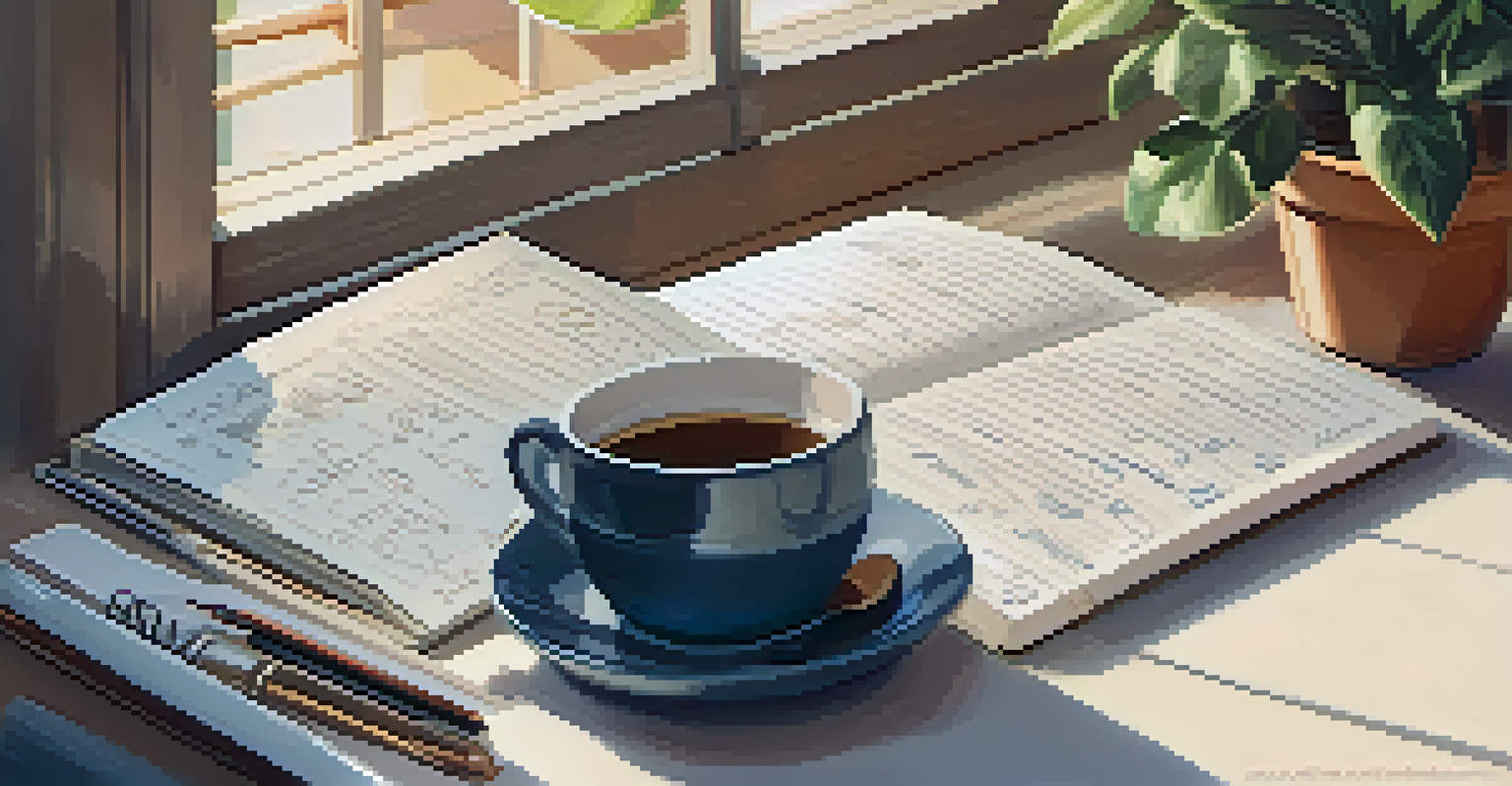 A notebook with handwritten notes and sketches of a mission statement, next to a cup of coffee and a small plant, in soft morning light.