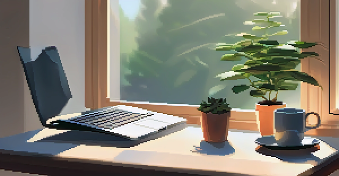 A bright and peaceful workspace with a laptop, a potted plant, and a cup of coffee, illuminated by morning light.