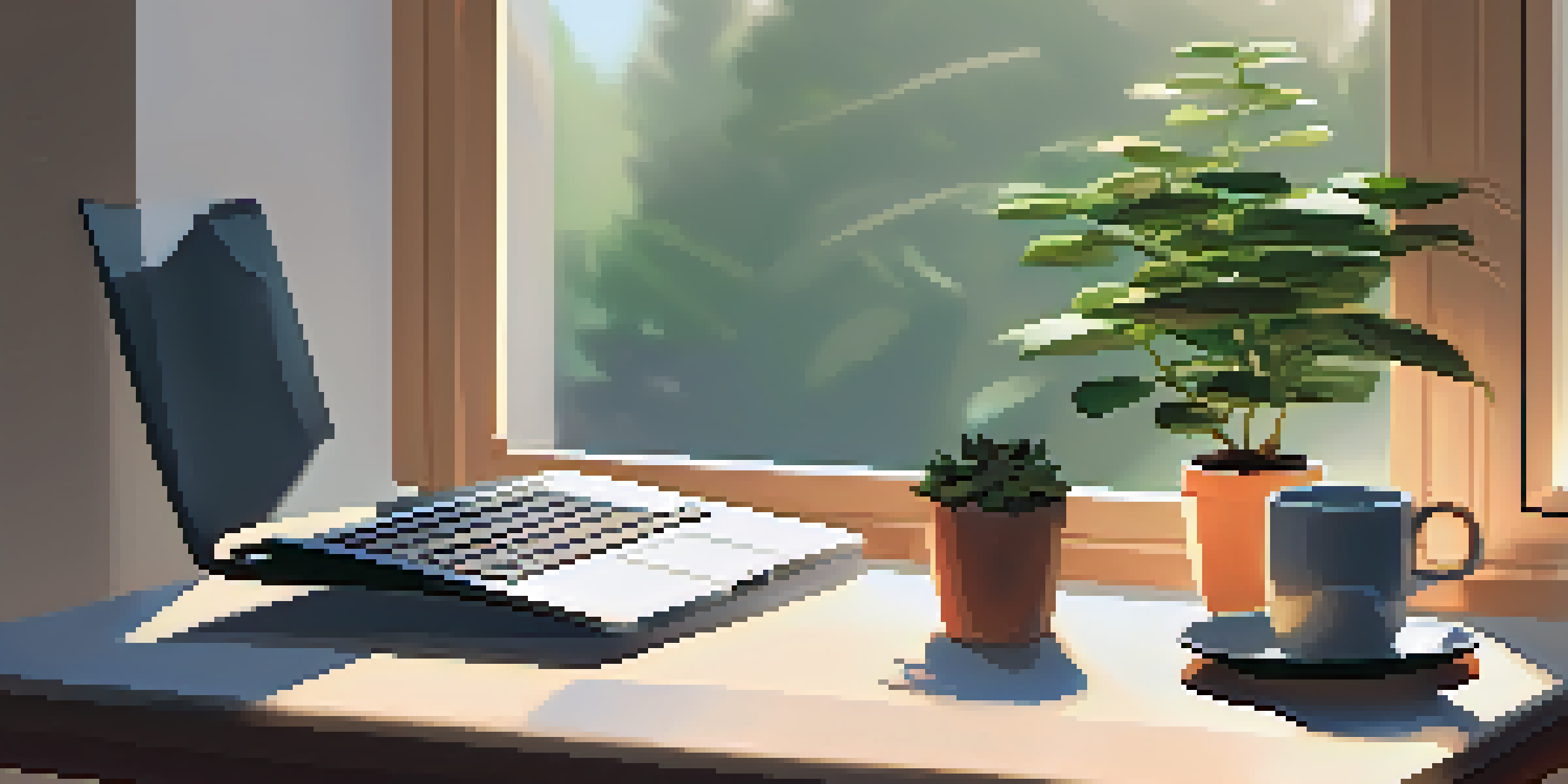 A bright and peaceful workspace with a laptop, a potted plant, and a cup of coffee, illuminated by morning light.