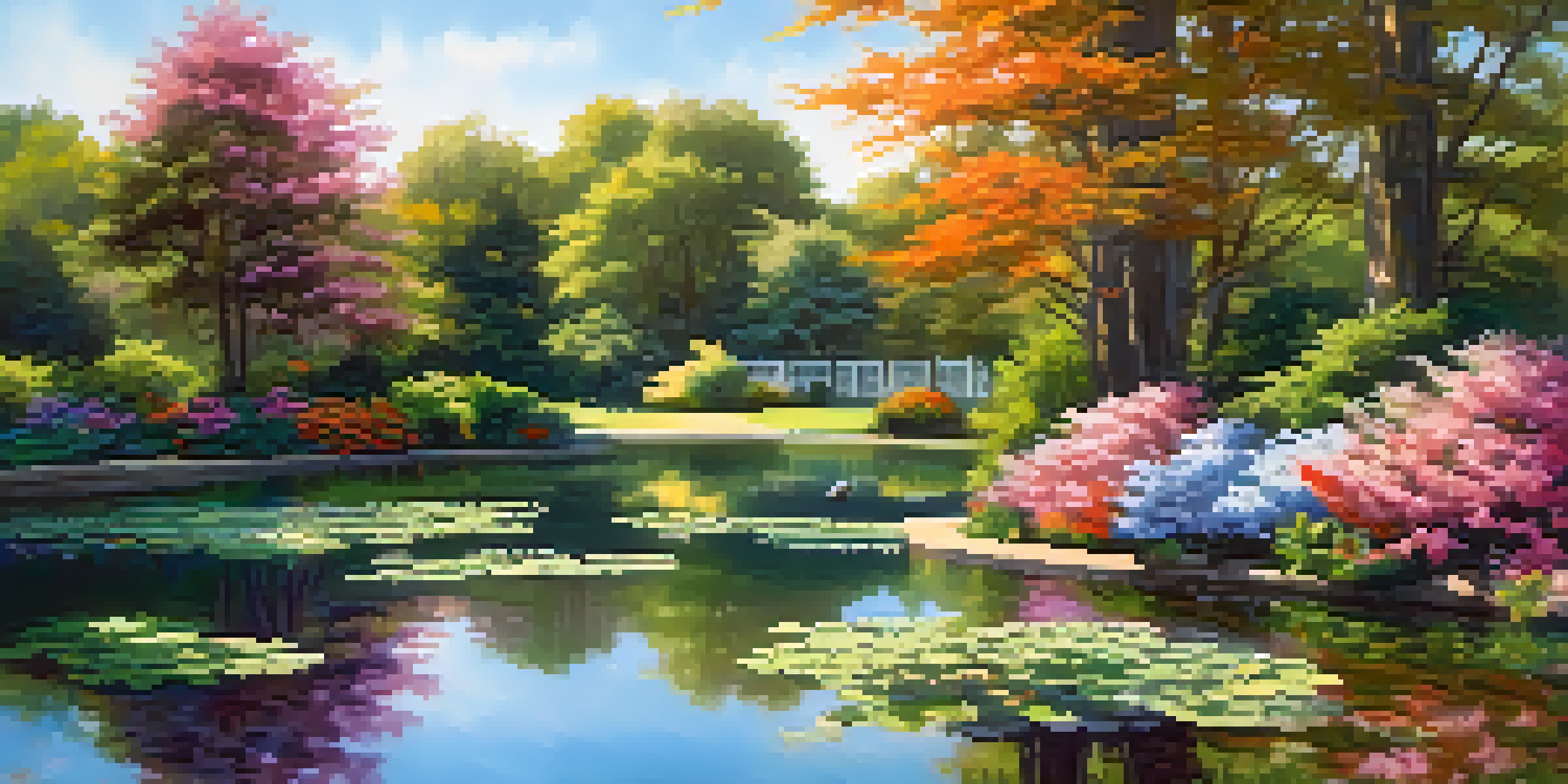 A beautiful garden with colorful flowers and a serene pond, illuminated by soft sunlight.