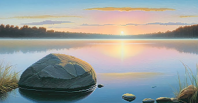 A sunrise over a calm lake with mist, featuring a rubber band on a stone, symbolizing resilience.