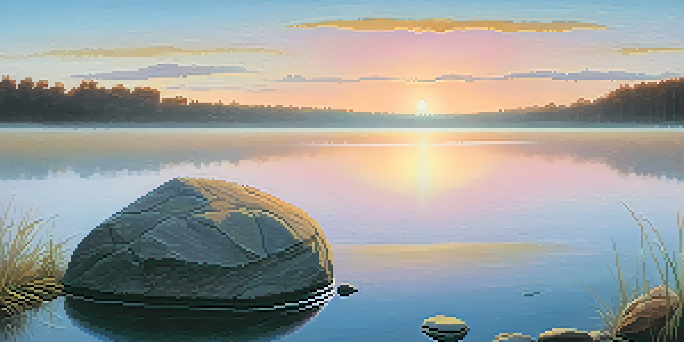 A sunrise over a calm lake with mist, featuring a rubber band on a stone, symbolizing resilience.
