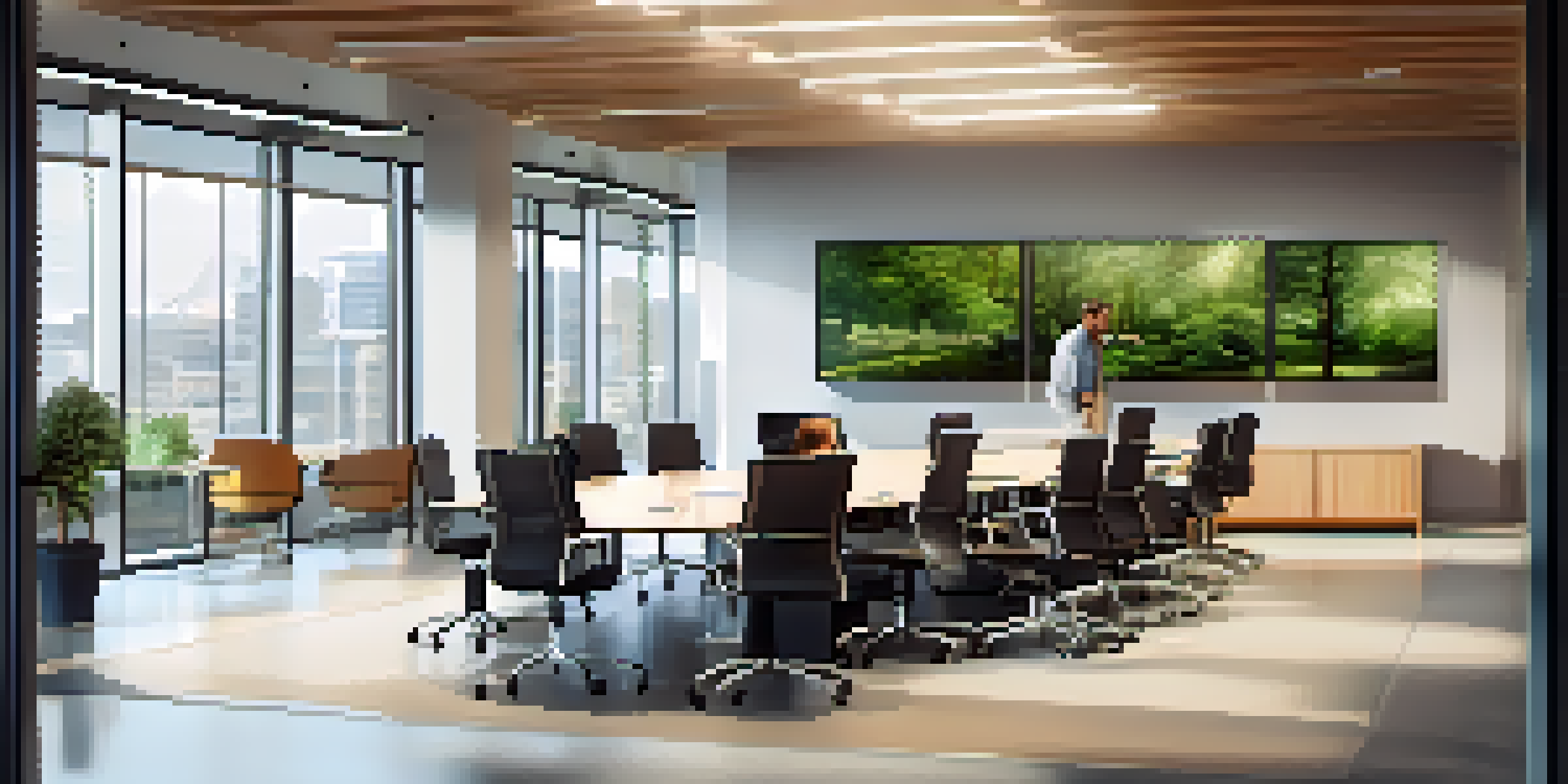 A diverse group of professionals in a bright office meeting, collaborating around a conference table.
