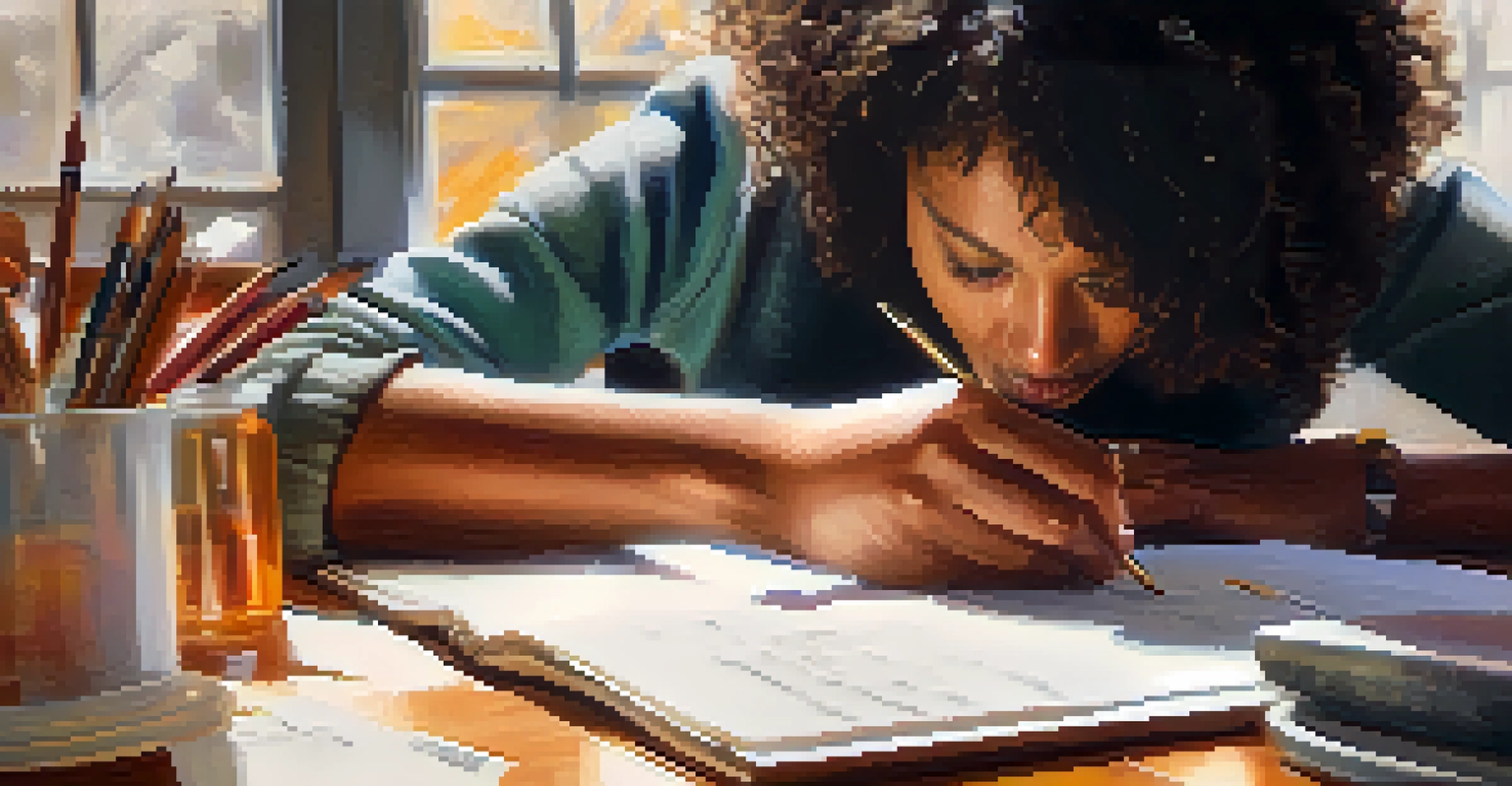 A close-up of a person's hands writing in a journal, with blurred outlines of other participants in a workshop in the background.