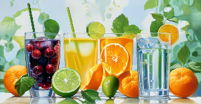 A glass of water with cucumbers and oranges arranged around it, highlighting the importance of hydration.