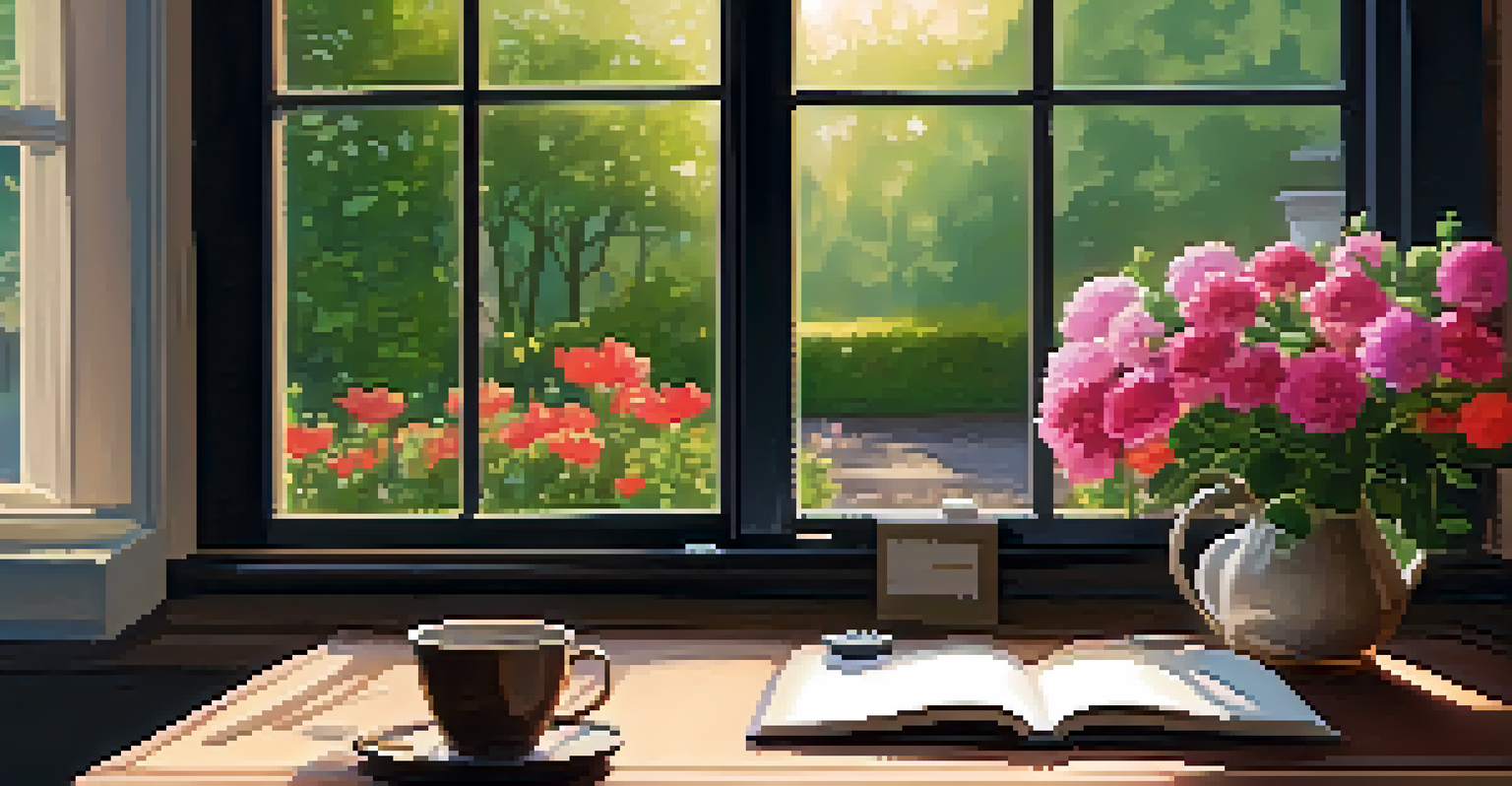 A cozy workspace with an open journal, a cup of tea, and a view of a colorful garden.