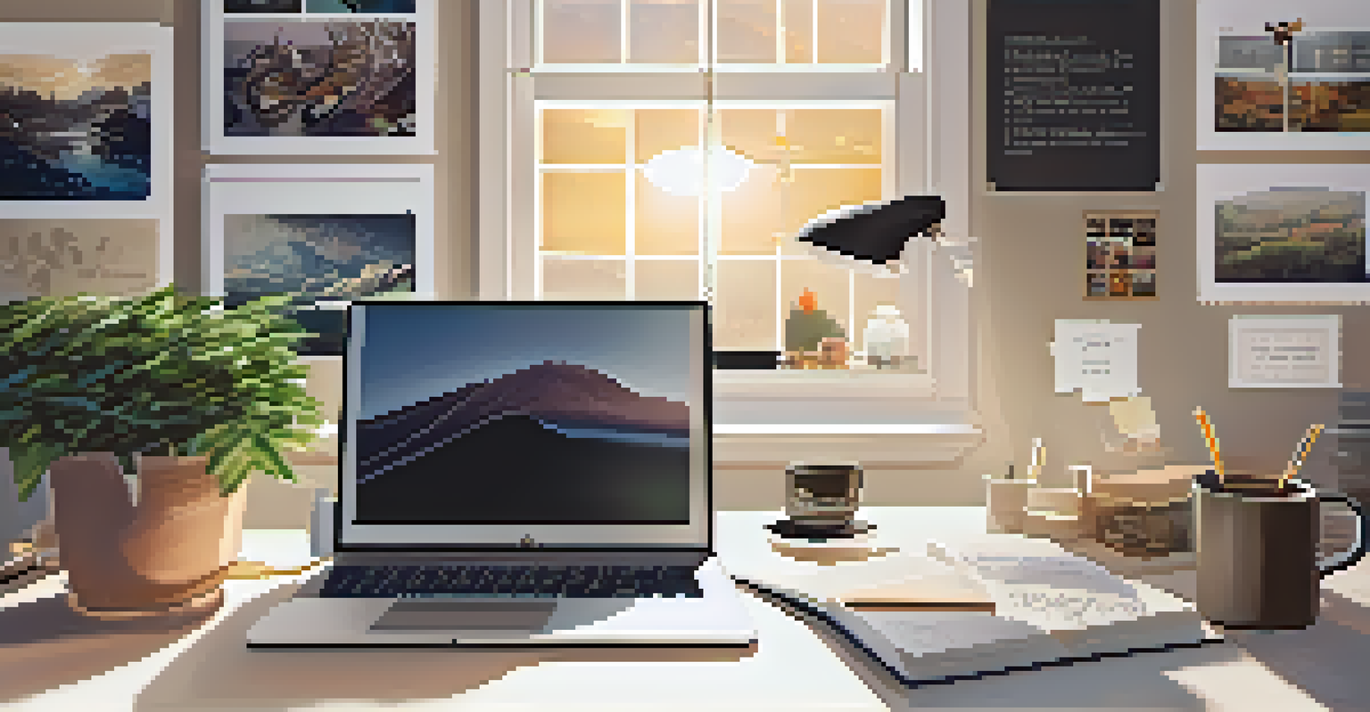 A cozy workspace with a vision board on the wall, a desk with a laptop and coffee, bathed in soft morning light.