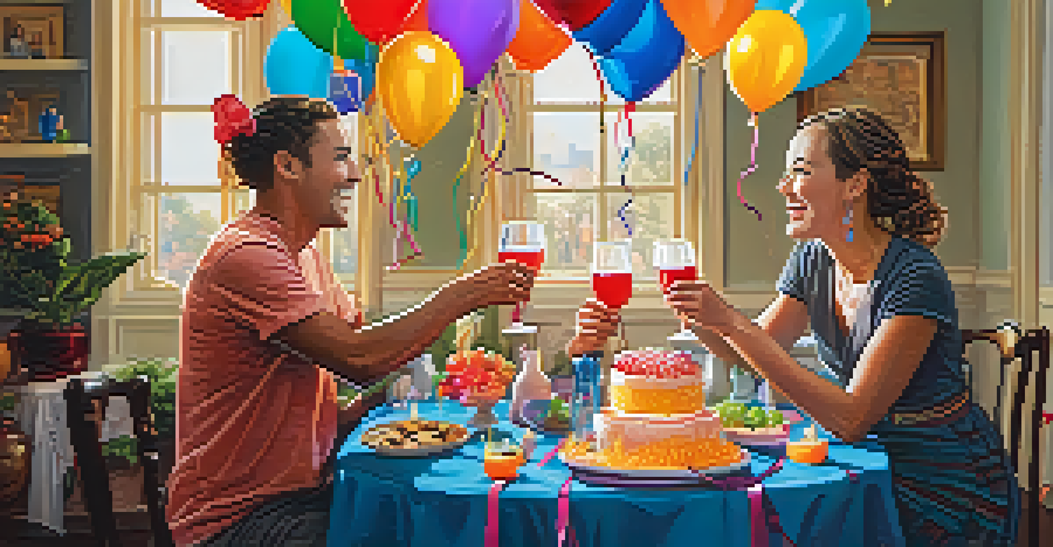 Two friends celebrating with juice glasses in a decorated room filled with balloons, with a small cake on the table.