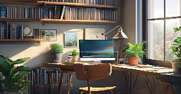 A warm and inviting home office with a desk, laptop, books, and plants, illuminated by natural light.