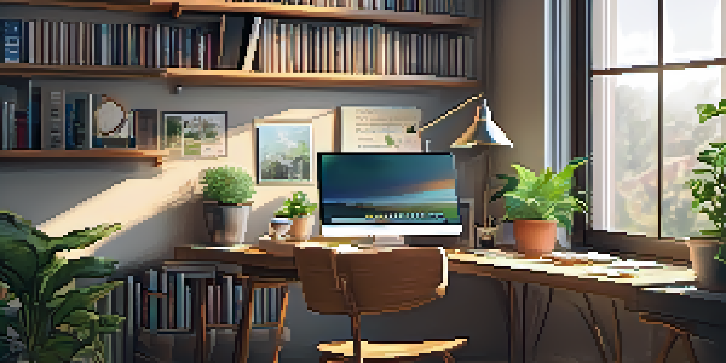 A warm and inviting home office with a desk, laptop, books, and plants, illuminated by natural light.