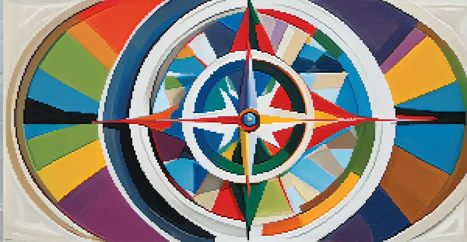An artistic compass symbolizing guidance, set against a blurred background of an organization's logo and values.