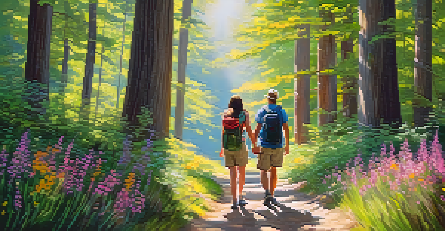 A couple hiking hand-in-hand on a forest trail, surrounded by tall trees and wildflowers, with sunlight filtering through the leaves.