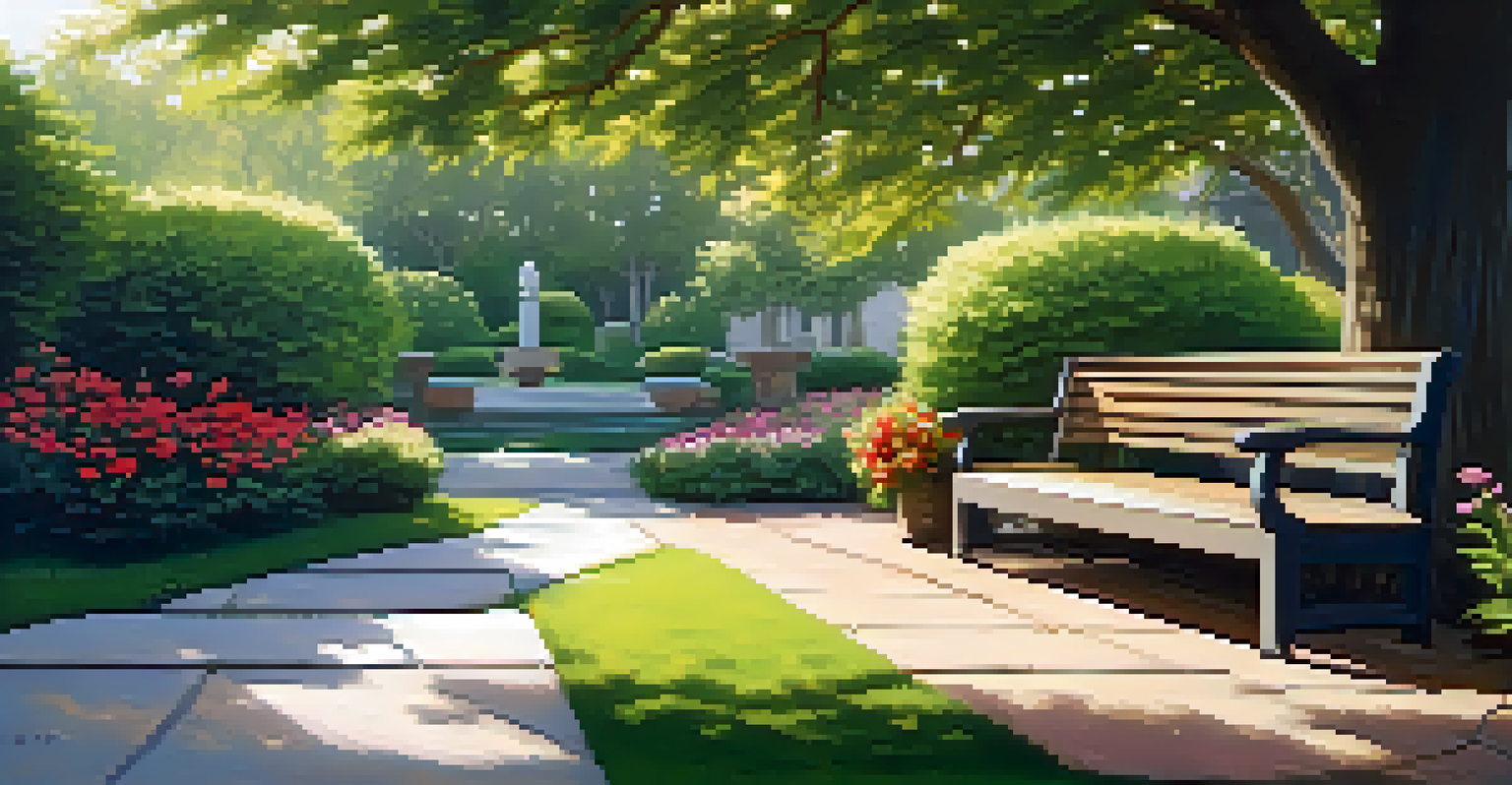 A tranquil garden with flowers and a bench under a tree, ideal for reflection and mindfulness.
